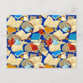 Bücher und Katzen auf blau Postkarte (Vorderseite)