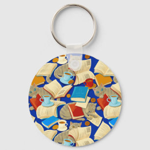 Bücher und Katzen auf blau Schlüsselanhänger