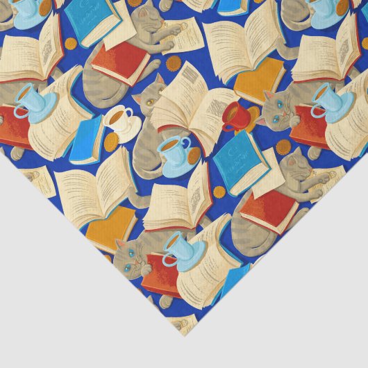 Bücher und Katzen auf blau Seidenpapier (Ausschnitt)