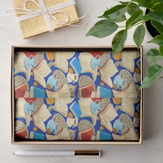 Bücher und Katzen auf blau Seidenpapier (Geschenk)