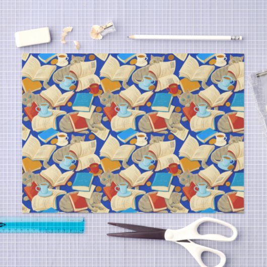 Bücher und Katzen auf blau Seidenpapier (Handwerk)