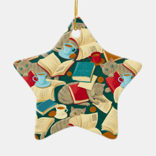 Bücher und Katzen Keramik Ornament