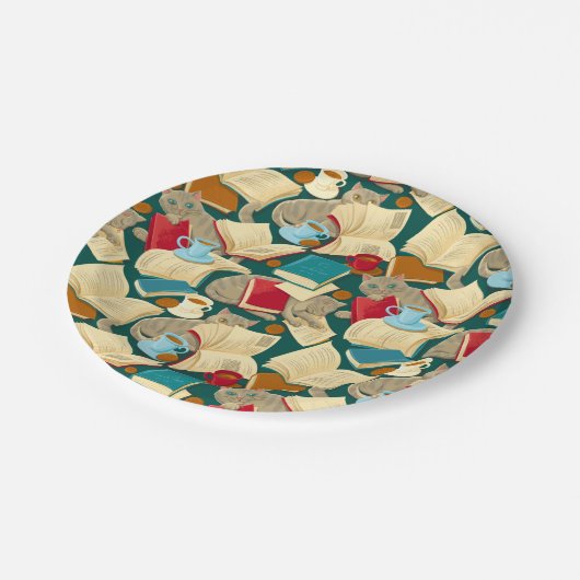 Bücher und Katzen Pappteller (Schrägansicht)