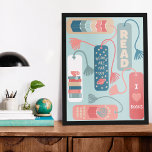 Bücher und Lesezeichen Illustriert lesen Poster<br><div class="desc">In diesem Poster mit Lesezeichen in Korallentönen,  aquamarinem Blau,  Bräune und Salbei-Grün vor einem hellgrünen Hintergrund können Sie die Touch der Bibliothek oder das Bücherregal genießen.</div>