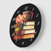 Bücher und Tee schwarz Große Wanduhr (Winkel)