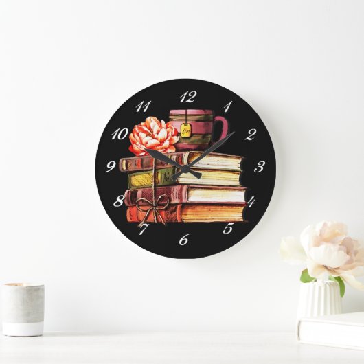 Bücher und Tee schwarz Große Wanduhr (Zuhause)