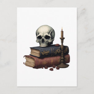Bücher und Totenkopf und Kerzen Halloween Postkarte