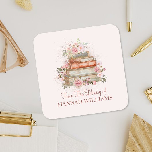 Bücher und Vintage Rosen Buchzeichen Quadratischer Aufkleber