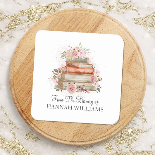 Bücher und Vintage Rosen Buchzeichen Quadratischer Aufkleber