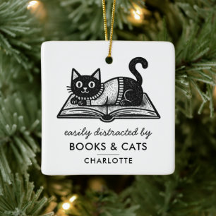 Bücherliebhaber schwarze Katze lustiger Spruch ind Keramikornament