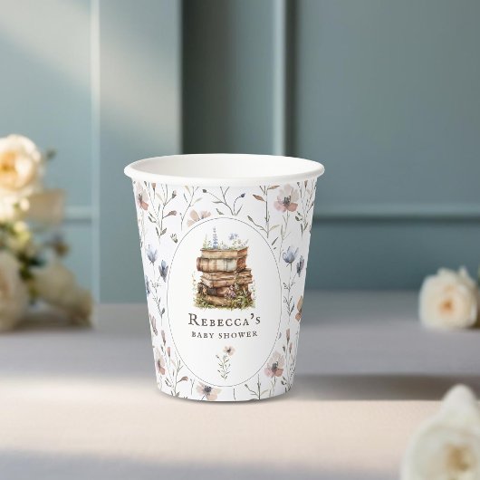 Bücherstapel Babydusche Wasserfarbe, Wildblume Pappbecher