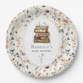 Bücherstapel Babydusche Wasserfarbe, Wildblume Pappteller