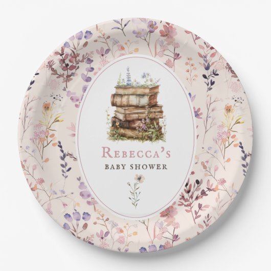 Bücherstapel Babydusche Wasserfarbe, Wildblume Pappteller (Vorderseite)