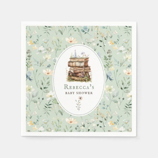 Bücherstapel Babydusche Wasserfarbe, Wildblume Serviette (Vorderseite)