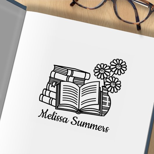 Bücherstapel, Offenes Buch, Blume Buchzeichen Gummistempel