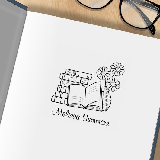 Bücherstapel, Offenes Buch, Blume Buchzeichen Gummistempel