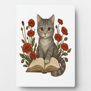 Buchkatze � Süße lesende Katze mit Mohn für Bo Fotoplatte