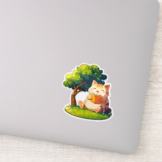Buchliebende dicke Katze unter Baum Aufkleber (Detail)
