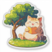 Buchliebende dicke Katze unter Baum Aufkleber (Vorderseite)