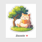 Buchliebende dicke Katze unter Baum Aufkleber (Blatt)