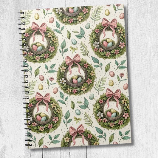 Buchsbaum-Osterkranz mit rosa Schleife und Ei Notizblock