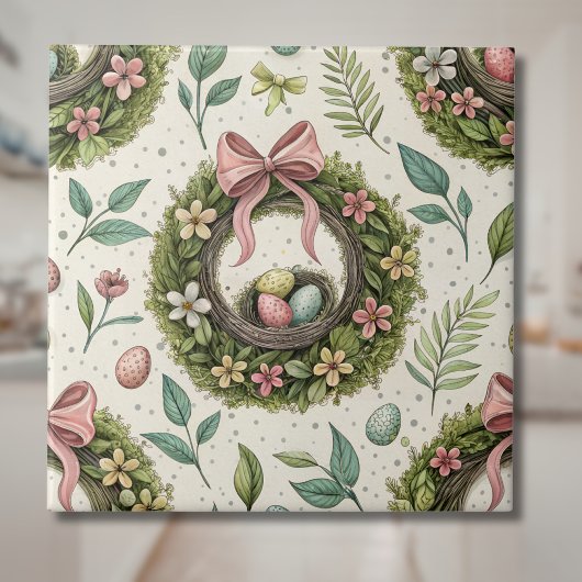 Buchsbaum-Osterkranz rosa Schleife mit Ei Fliese