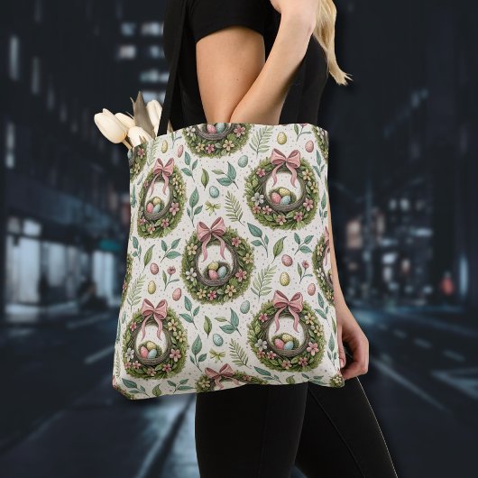 Buchsbaum-Osterkranz rosa Schleife mit Ei Tasche
