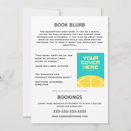 Buchsignierung Autor Autor Buch Launch Bestseller Einladung (Rückseite)