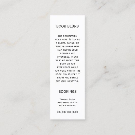 Buchsignierung AutorWriter Book Launch Business Telefonnummerkarte (Rückseite)