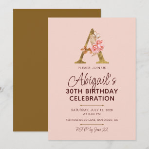 Buchstabe A Gold Monogramm Blush Rosa Rosen Einladung