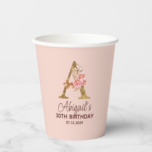 Buchstabe A Gold Monogramm Blush Rosa Rosen Pappbecher (Vorderseite)