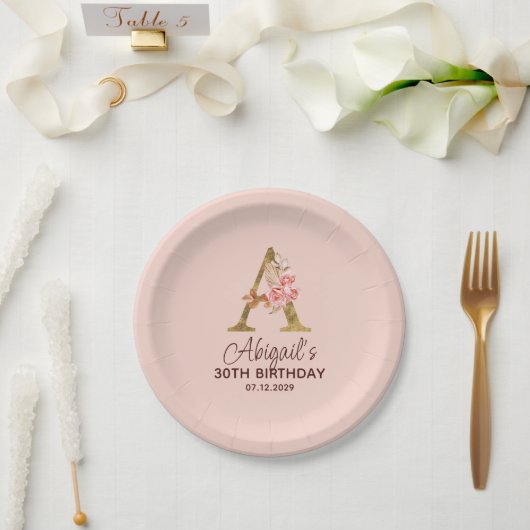 Buchstabe A Gold Monogramm Blush Rosa Rosen Pappteller (Hochzeit)