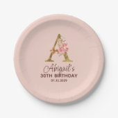 Buchstabe A Gold Monogramm Blush Rosa Rosen Pappteller (Vorderseite)