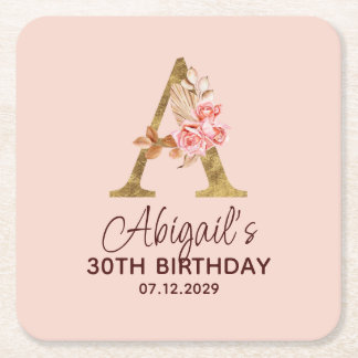 Buchstabe A Gold Monogramm Blush Rosa Rosen Rechteckiger Pappuntersetzer