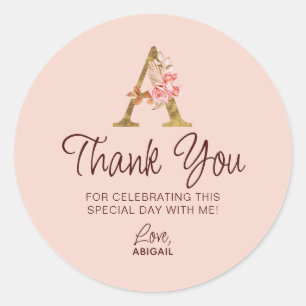 Buchstabe A Gold Monogramm Blush Rosa Rosen Runder Aufkleber