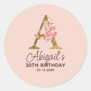 Buchstabe A Gold-Monogramm Rosé Rosen Runder Aufkleber