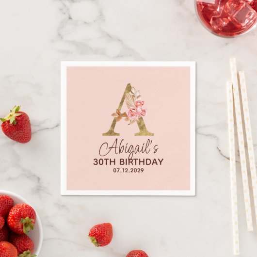 Buchstabe A Gold Monogramm Rosen in Blush Pink Serviette (Beispiel)