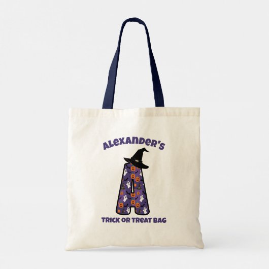 Buchstabe A mit Hexenhut und Name | Trick oder Tre Tragetasche (Rückseite)