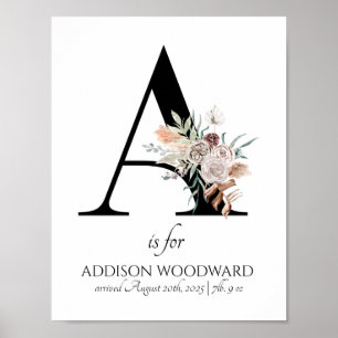 Buchstabe A New Baby Florales Monogramm Geburt Poster