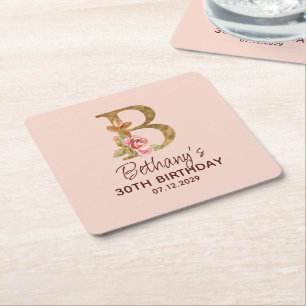 Buchstabe B Gold Monogramm Rosé Rosen Rechteckiger Pappuntersetzer
