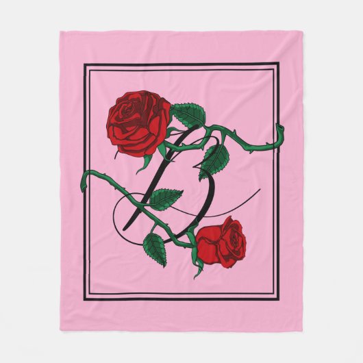Buchstabe B Monogramm mit roten Rosen Rosa Fleecedecke (Vorderseite)