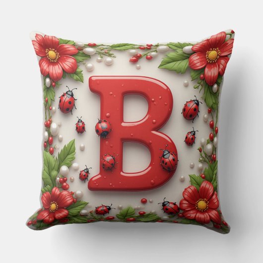 🐞 Buchstabe B Rote Marienkäfer Mohn Perlen Kissen (Vorderseite)