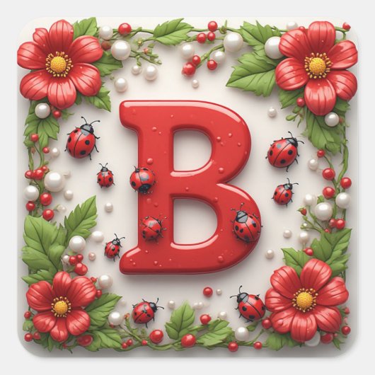 🐞 Buchstabe B Rote Marienkäfer Mohn Perlen Quadratischer Aufkleber (Vorderseite)