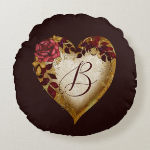 Buchstabe B Vintage Rote Rose und Goldene Blätter Rundes Kissen