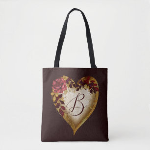 Buchstabe B Vintage rote Rose und goldene Blätter Tasche