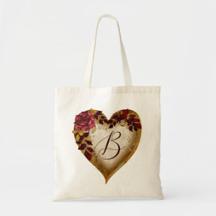 Buchstabe B Vintage Rote Rose und goldene Blätter Tragetasche