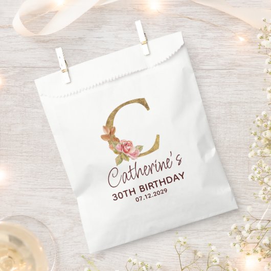 Buchstabe C Gold Monogramm Blush Rosa Rosen Geschenktütchen (Ausgeschnitten)