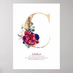 Buchstabe C Monogramm Floral Marineblau und Burgun Poster