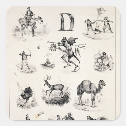 Buchstabe D aus einem Alphabet-Primer, 1832 Quadratischer Aufkleber (Vorderseite)