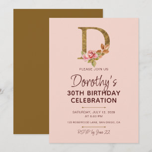 Buchstabe D Gold Monogramm Blush Rosa Rosen Einladung